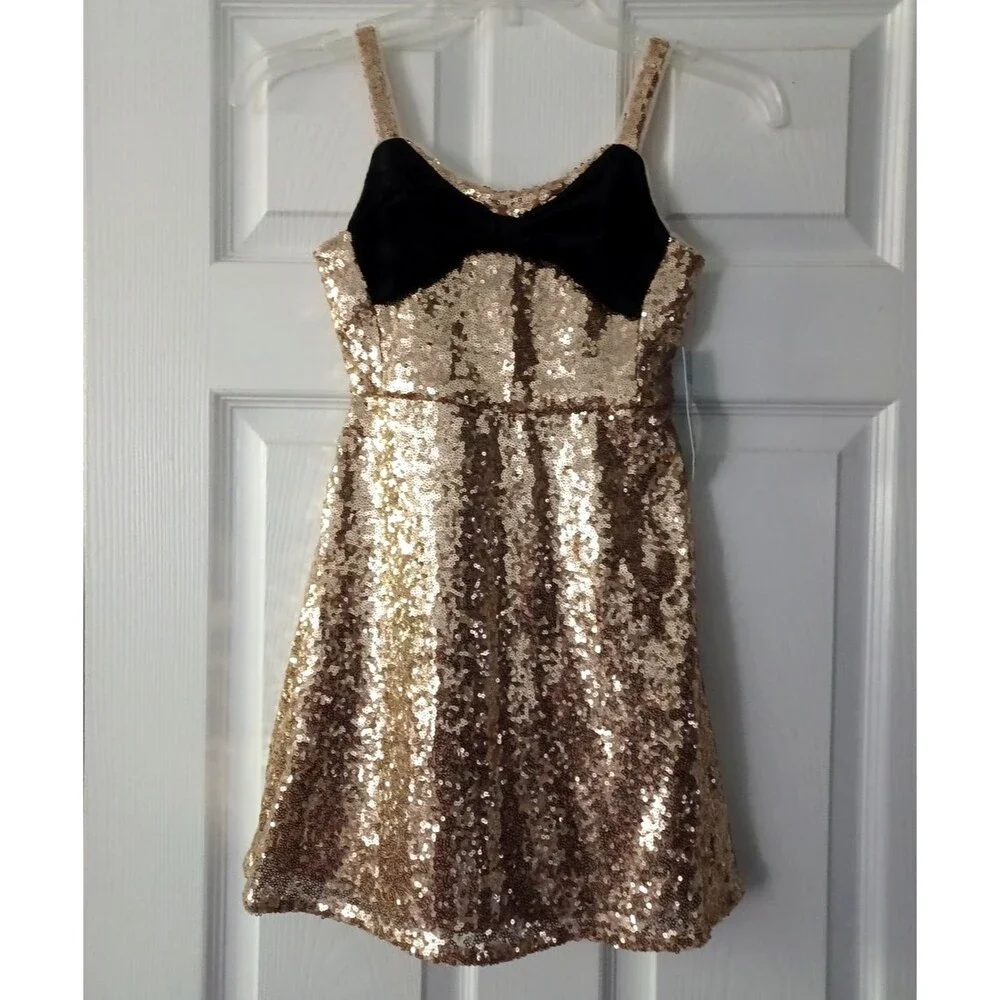 Girls' Sleeveless Gold Sequin Skater Velvet Bow Dress - Cat & Jack Size M - 8